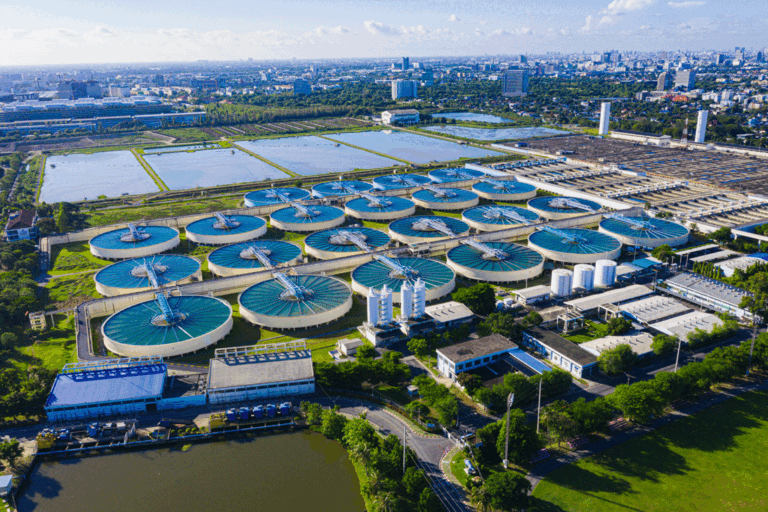 Aerial view of water treatment facility.